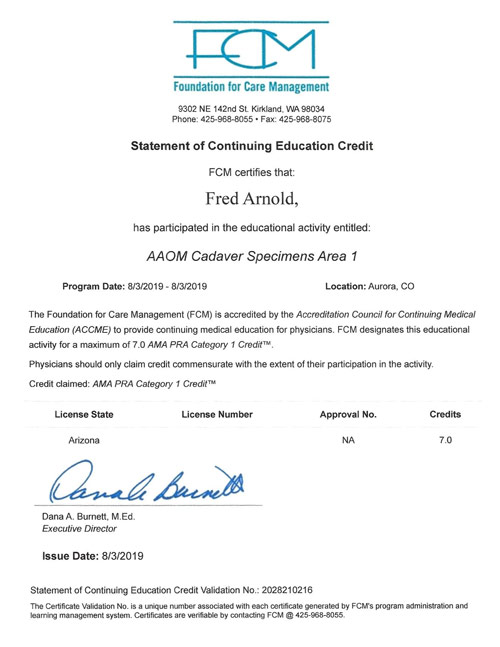 AAOM Annual Workshop 2019 Certificate