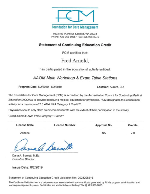 AAOM Annual Workshop 2019 Certificate